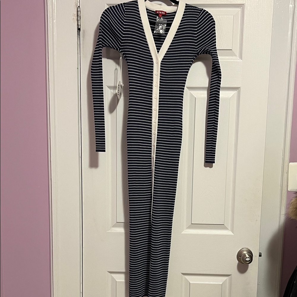 STAUD Navy and White Striped Long-Sleeve Footie Jumpsuit
